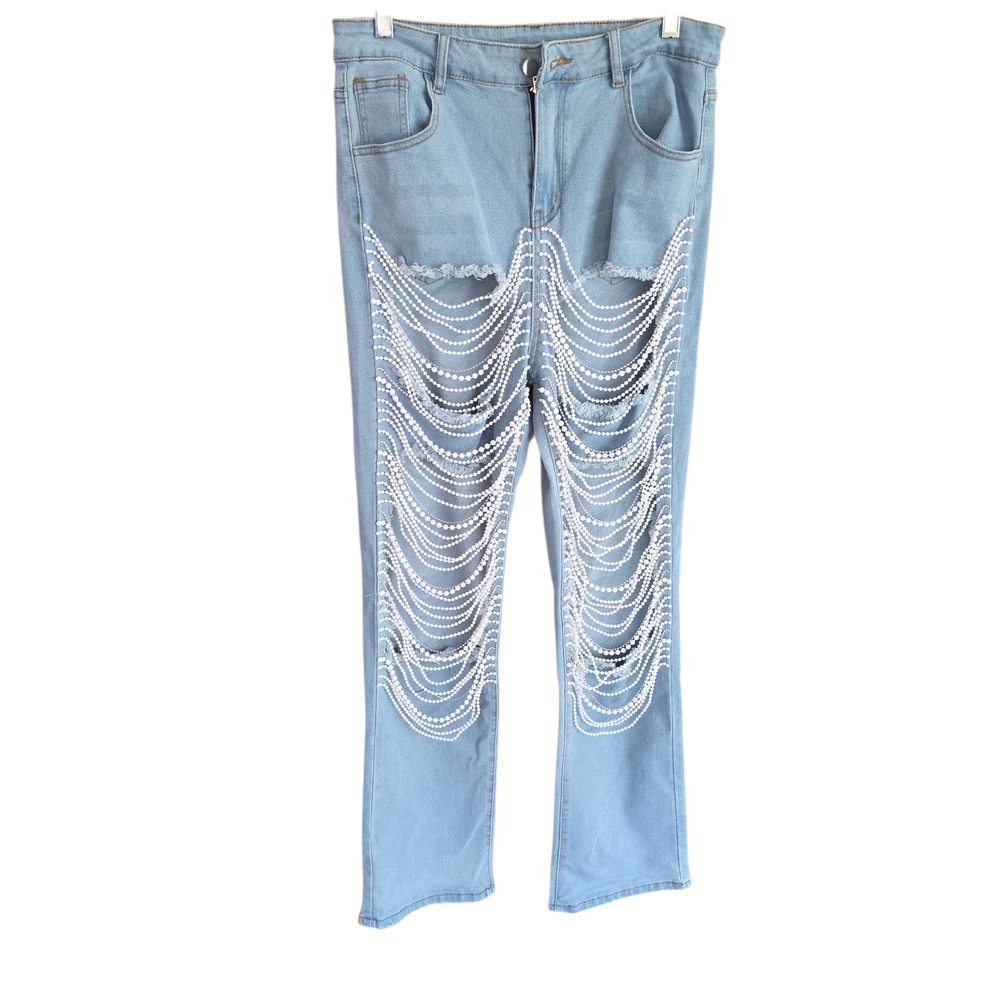 Stylish Blue Jeans with Pearl Detailing